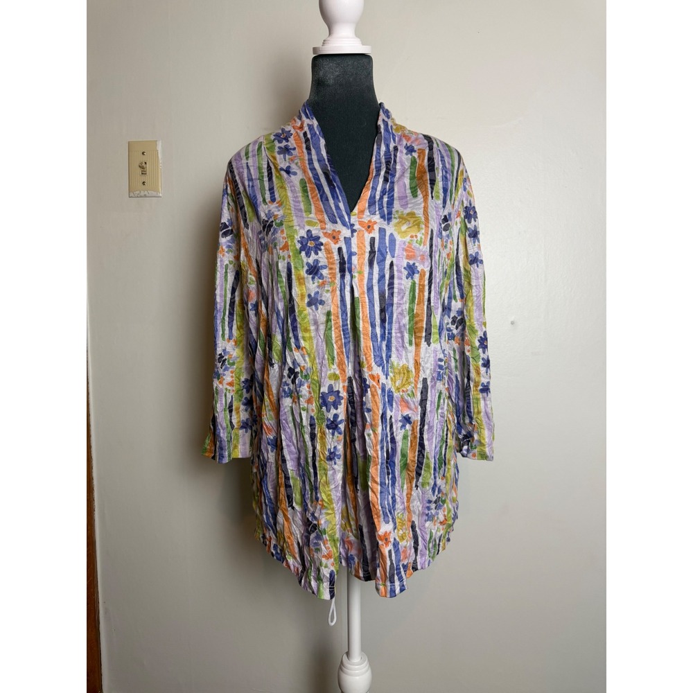 Shana Womens Floral Stripe Crinkle Tunic Top V-Neck 3/4 Sleeve Multi-Color S